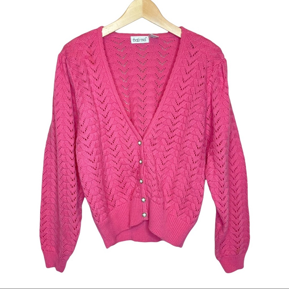 Vintage 80s 90s Pink Knit Puffed Shoulder Button Front Cardigan